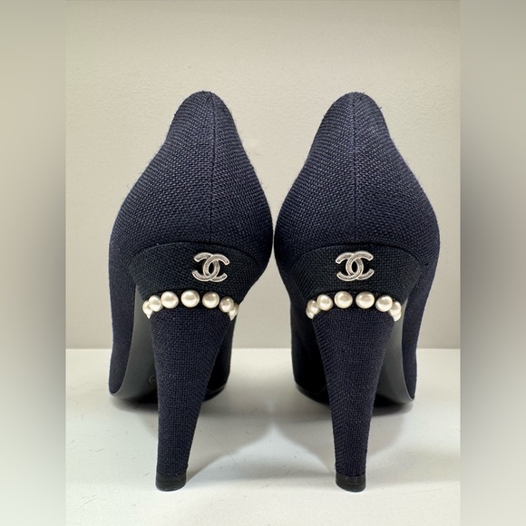 Chanel Navy Blue Canvas Embellished Pointed Toe Pumps - Picture 3 of 6